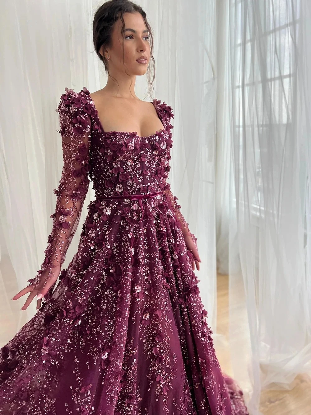 

Luxury Shinny Lace Evening Dresses Long Sleeves Square Neck Beading Flower A Line Dress High Quality Prom Party Gown Customized