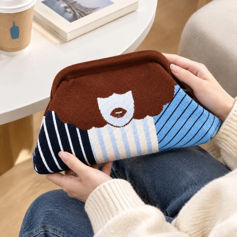 Washable Knitted Clutch Bag Color-Blocking Lightweight Striped Cosmetic Handbag Unique Polka Dots Lip Printed Evening Bag Casual
