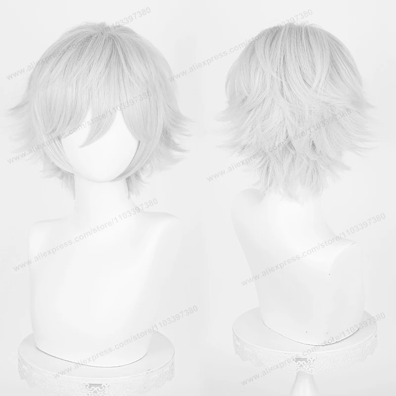 أنيمي ترقية 32 سنتيمتر قصيرة انقلبت ينتهي شعر مستعار تأثيري نقي أبيض فضي أسود بني أحمر رجل إمرأة مقاومة للحرارة الشعر الاصطناعية #6