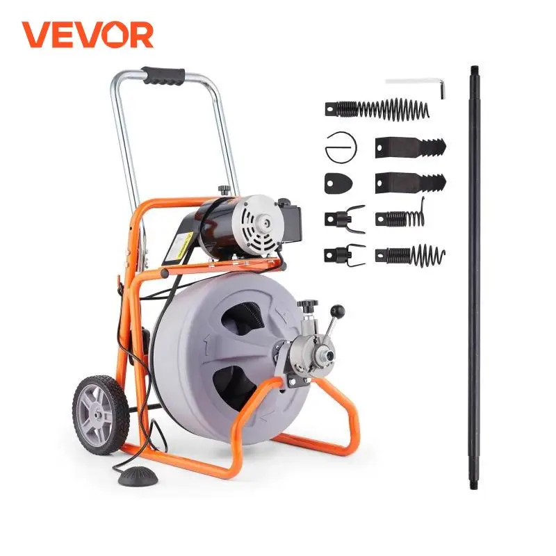 VEVOR Drain Cleaner Machine 75FT x 1/2 Inch Auto Feed Sewer Snake Drain Auger on Wheels Drain Cleaning Machine with 8 Cutters