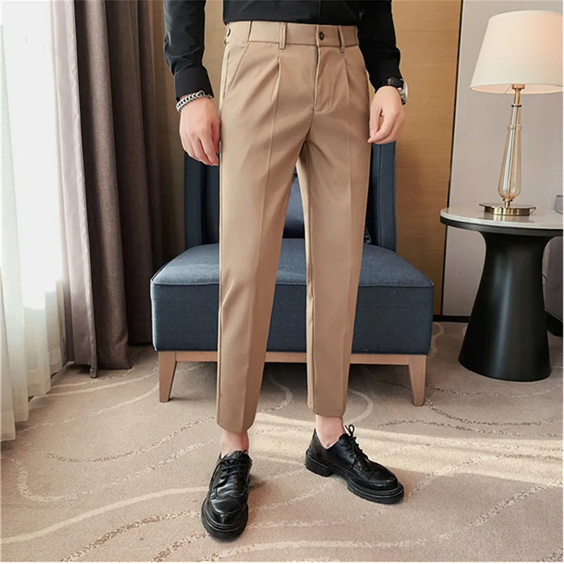 2023 British Style Men High Waist Casual Business Dress Pants Streetwear New Fashion Social Belt Decoration Slim Fit Suit Pants