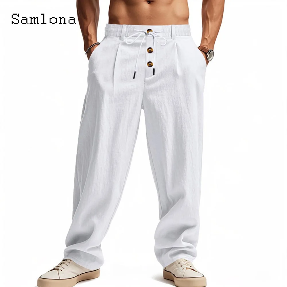 

2025 Men's Stand Pocket Casual Linen Pants Solid White Khaki Triple Buttons Trouser Plus Size Mens Fashion Straight Leg Pant New