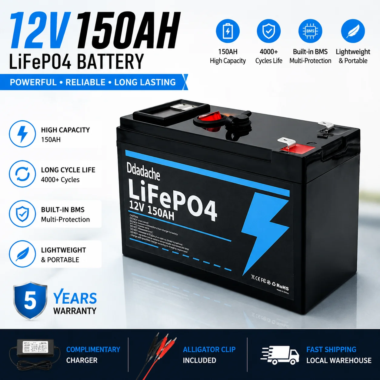 Batterie au lithium rechargeable LiFePO4 12V 150Ah, BMS intégré, idéale pour les jouets à piles, les panneaux solaires, les détecteurs de poissons, les voitures électriques