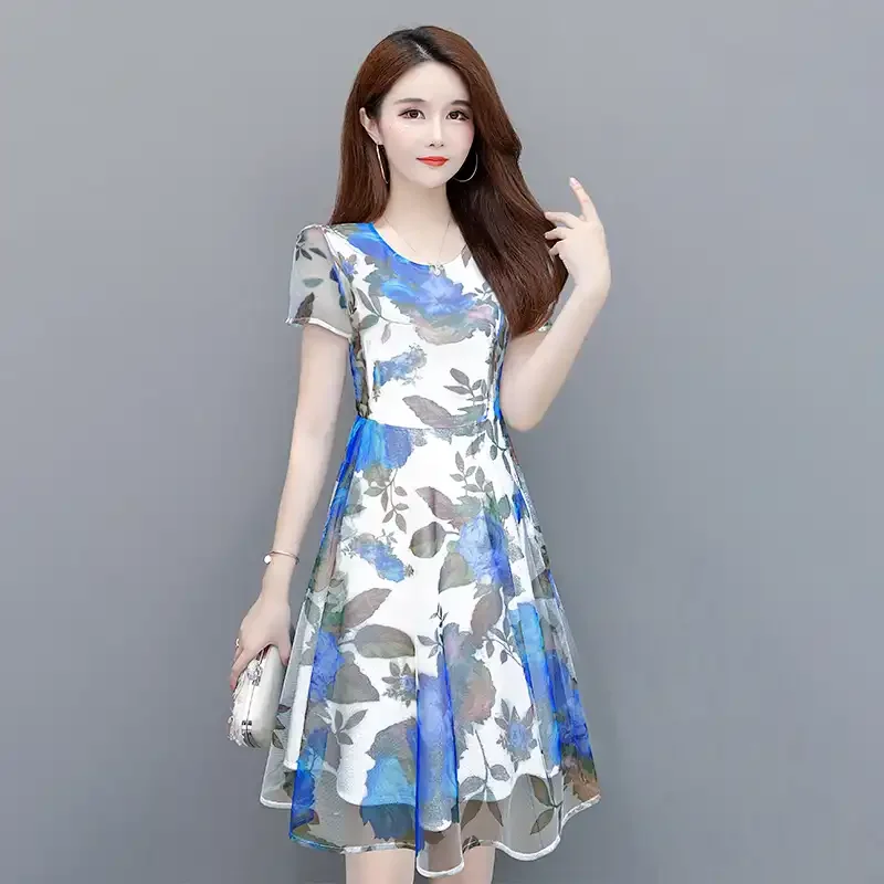 Feminino vintage impressão em torno do pescoço retalhos sheer floral vestido 2026 primavera verão nova camada base vestido fino mini vestido