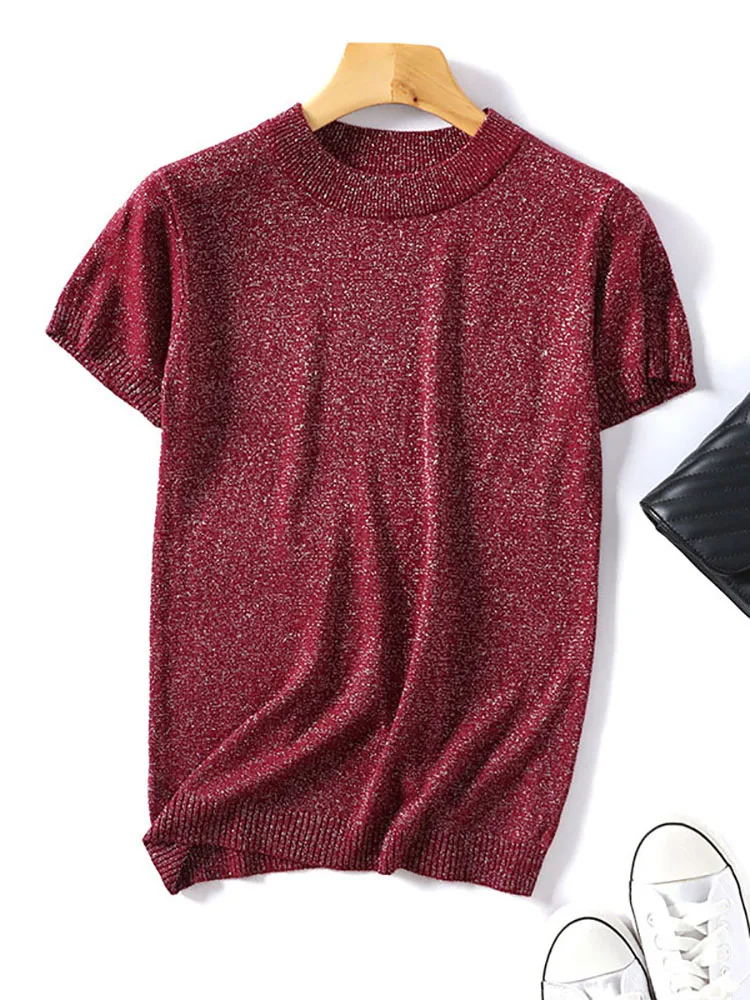 Suéter de manga corta con cuello redondo para mujer, Jersey informal de retales, Tops coreanos, brillante, Lurex, primavera y verano, 2024