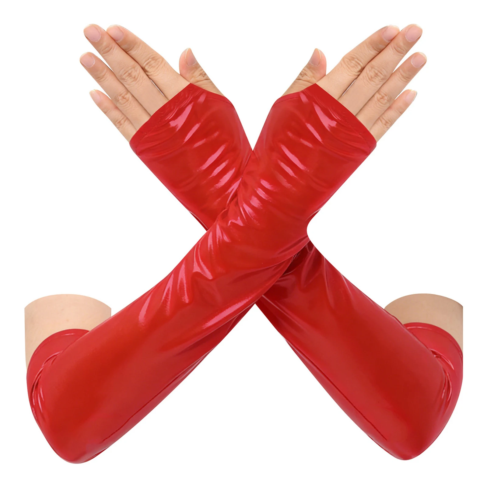 1 Pair Patent Leather Long Gloves for Women Wet Look Over the Elbow Length Fingerless Latex Gloves for Cosplay Theme Party