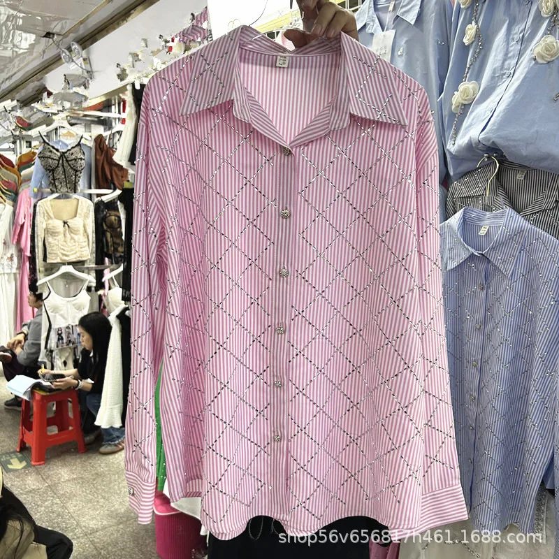 Women Hot Drilling Grids Diamonds Striped Shirts Casual Loose Plaids Crystal Blouse Long Sleeved Single Breasted Cardigan Tops