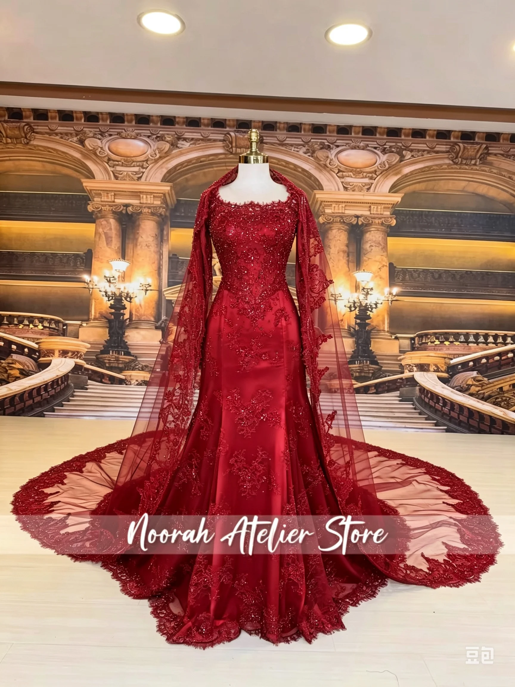 Red Appliques Dubai Luxury Wedding Dresses Beaded Long Cape Train Formal Vestidos De Noiva Tulle Robe De Mariée  Customized
