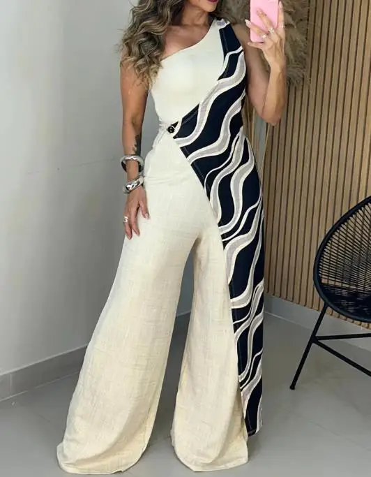 

Single shoulder sleeveless color blocked wave print patchwork wrapped front work uniform casual zipper side wide leg jumpsuit