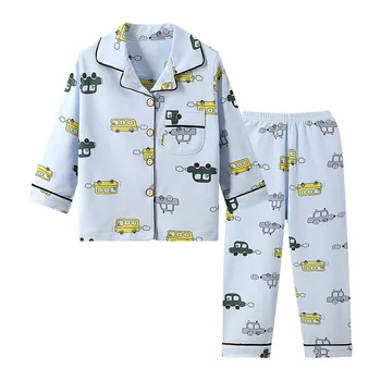 Children's Spring Soft Cotton Pajamas Set Boys Girls Cute Cartoon Print Long Sleeve Lapel Sleepwear Baby Casual Loose Nightwear 2
