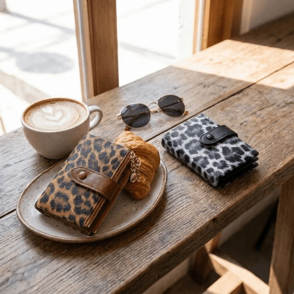 Leopard Print PU Leather Short Wallet Polyester Lining Double Zipper Trifold Wallet Multi Card Slots Large Capacity Card Holder