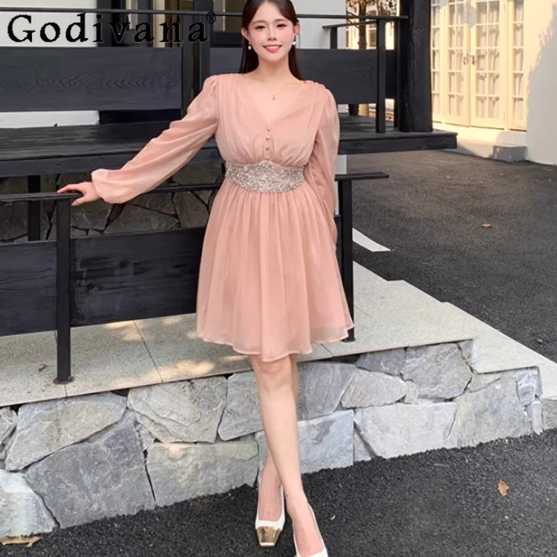 

New Plus Size Women French Vintage Heavy Industry Diamond V-neck Dress High Waist A-line Long Sleeve Apricot Pink Sweet Dresses