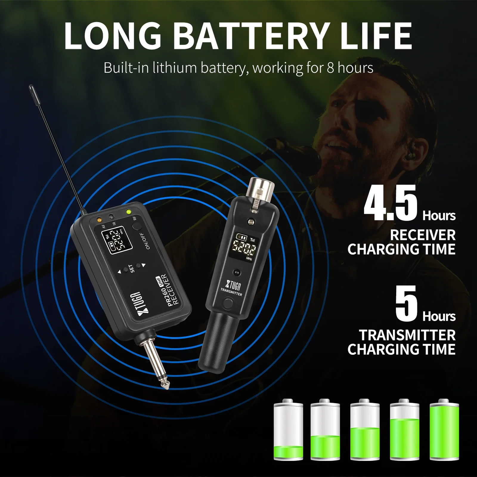 Xtuga uhf mini conversor de microfone profissional sem fio recarregável para desempenho concerto dinâmico/microfone condensador
