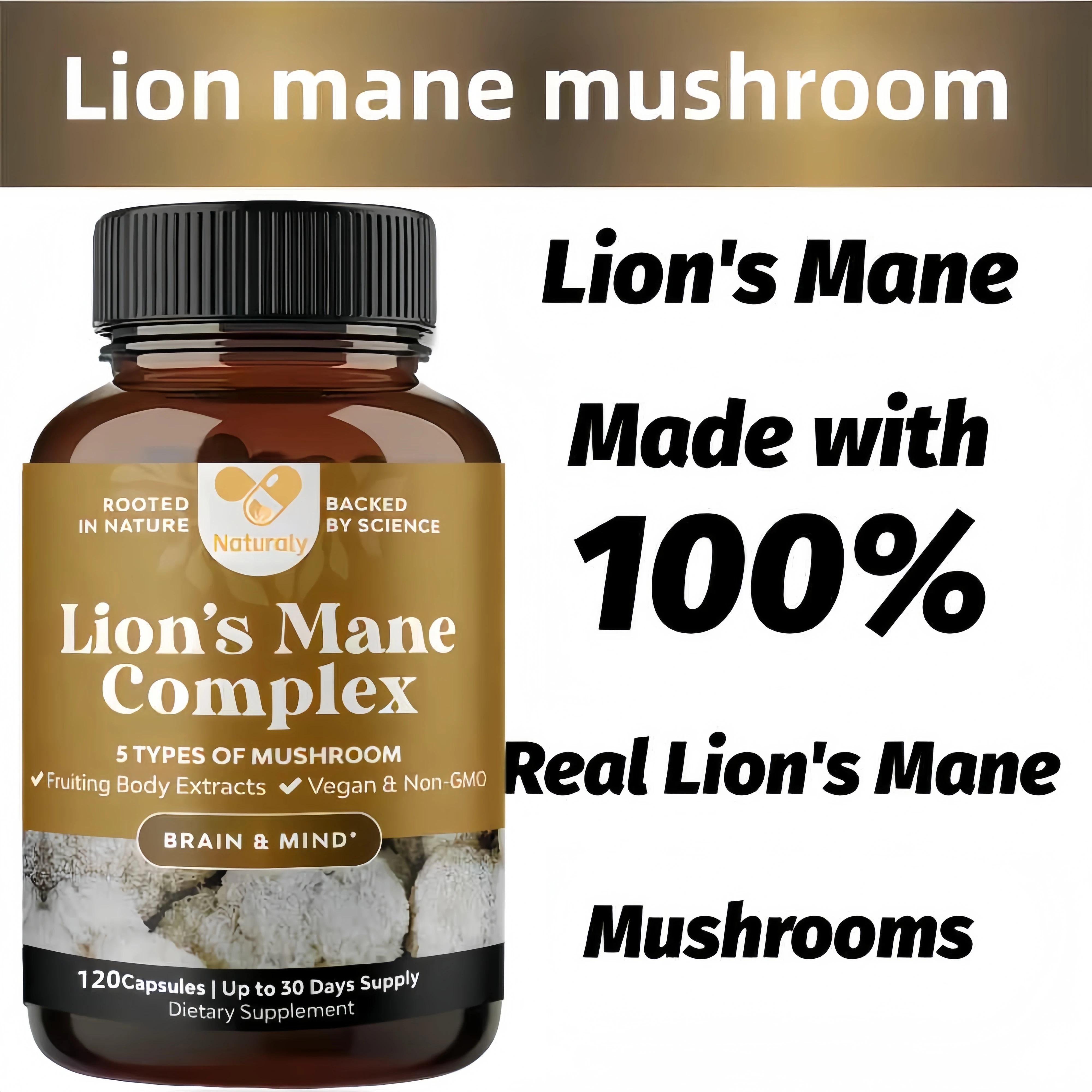 Mushroom Complex Capsules with Lions Mane Chaga Cognitive Brain Function Stress Relieves Beauty Health Diet Supplement