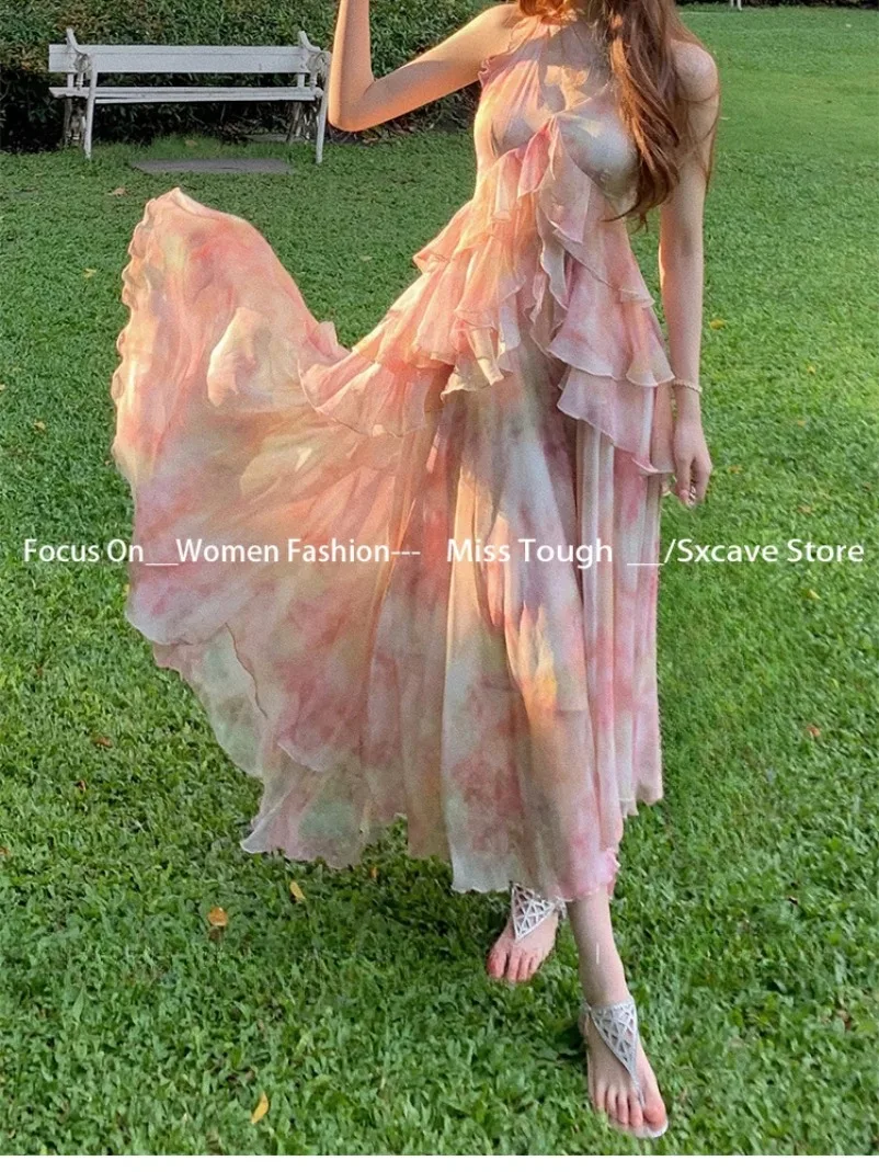 

Платье для отпуска, женское французское элегантное платье на подтяжках с цветочным принтом, пляжный стиль, корейское летнее платье миди, шикарное