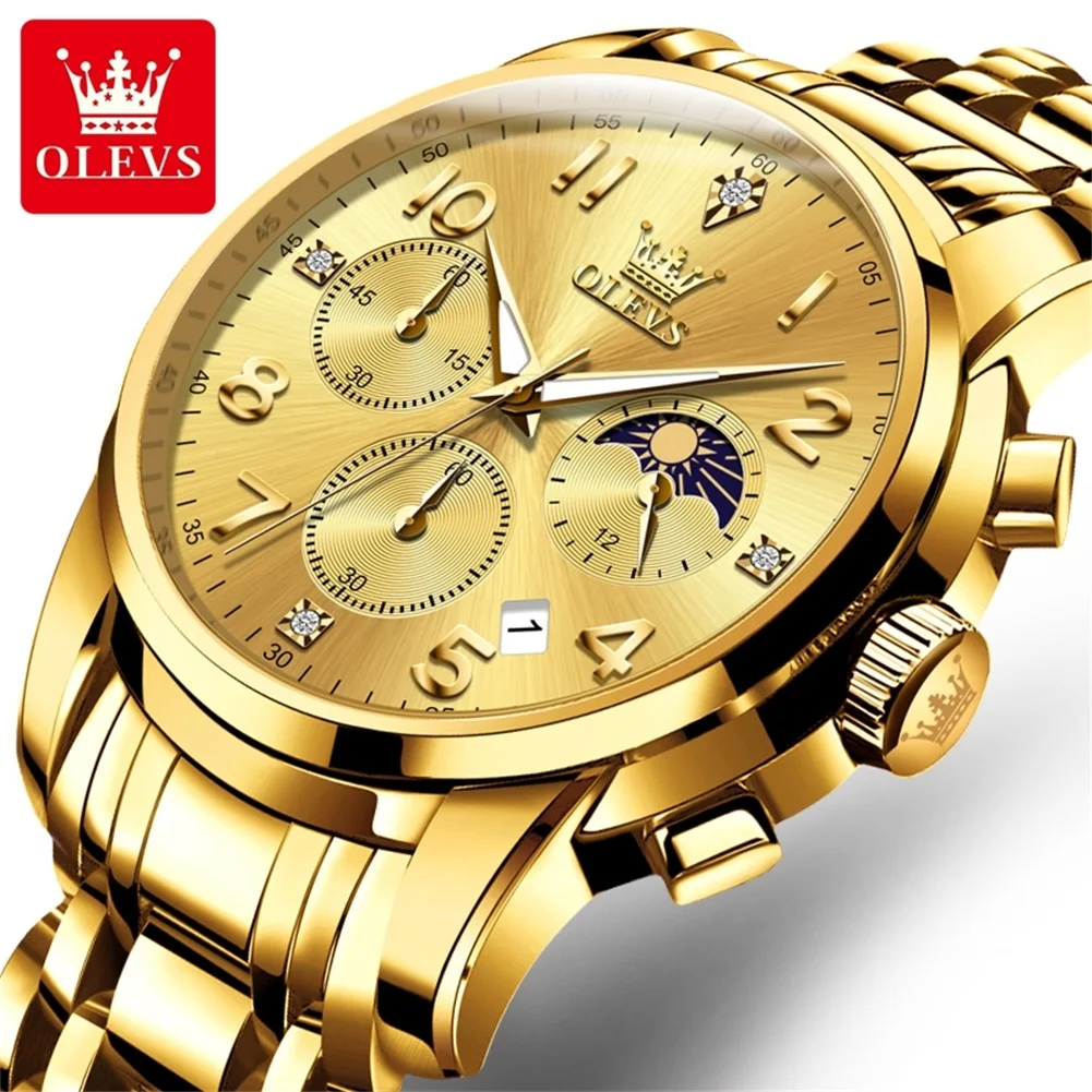 

OLEVS Luxury Sports Chronograph Quartz Watch Men Waterproof Luminous Date Men's Watches Stainless Steel Moon Phase Watch Male