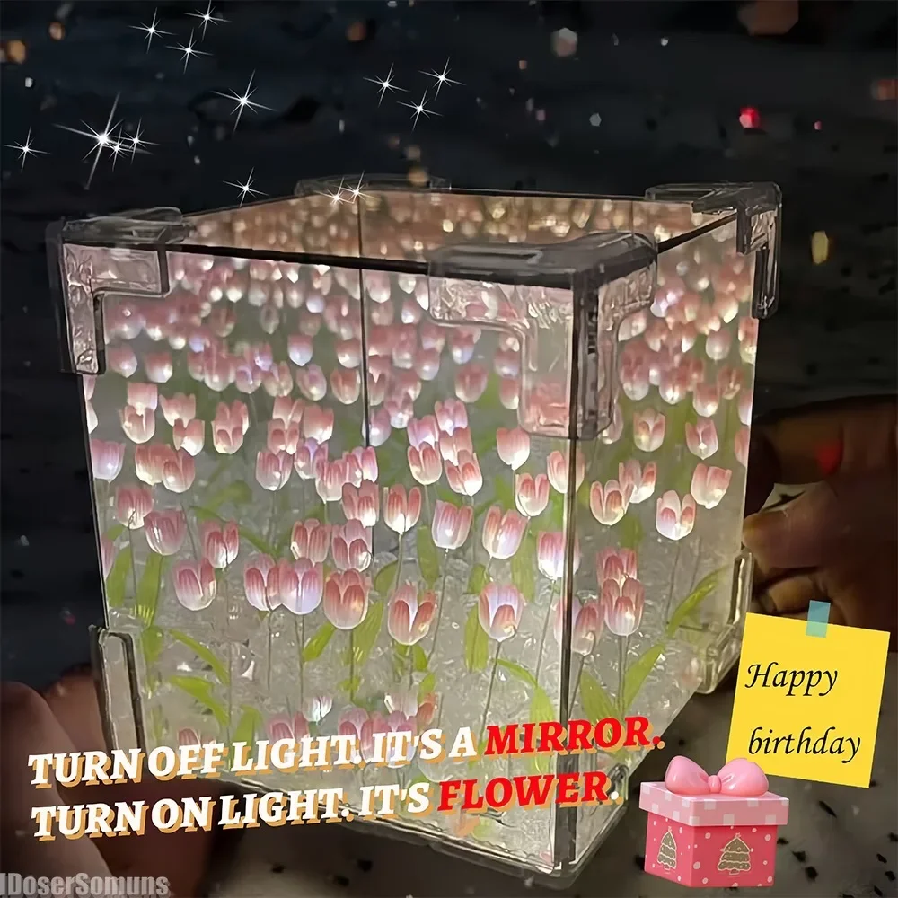 

DIY Tulip Nightlight Handmade Material Cube Tulip Mirror Bedroom Decor Atmosphere Lamp Valentine's Day Birthday Gift