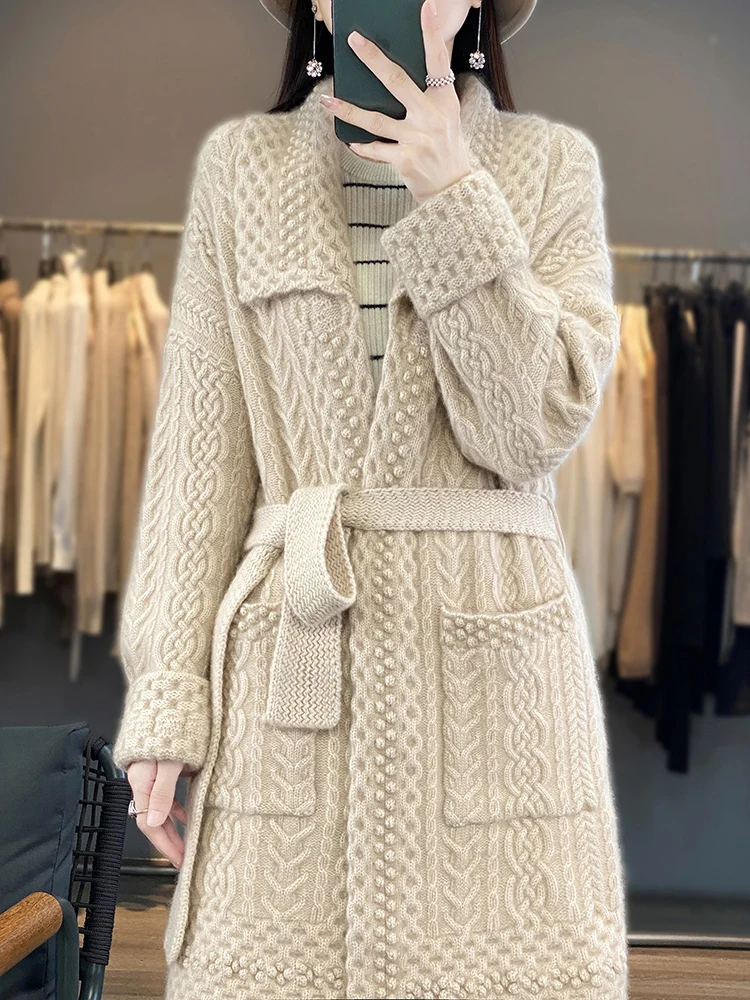 BELIARST 2023 Autumn/Winter New Women\'s Clothing Overcoat Solid Belt Long Cardigan Knitted 100% Merino Wool Sweater BE-8830