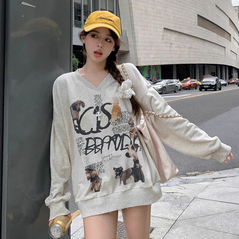 Vintage Puppy Print Long Sleeve V Neck T Shirt Women Autumn Loose Casual Sweatshirt Korean Streetwear All Match Female Tees New