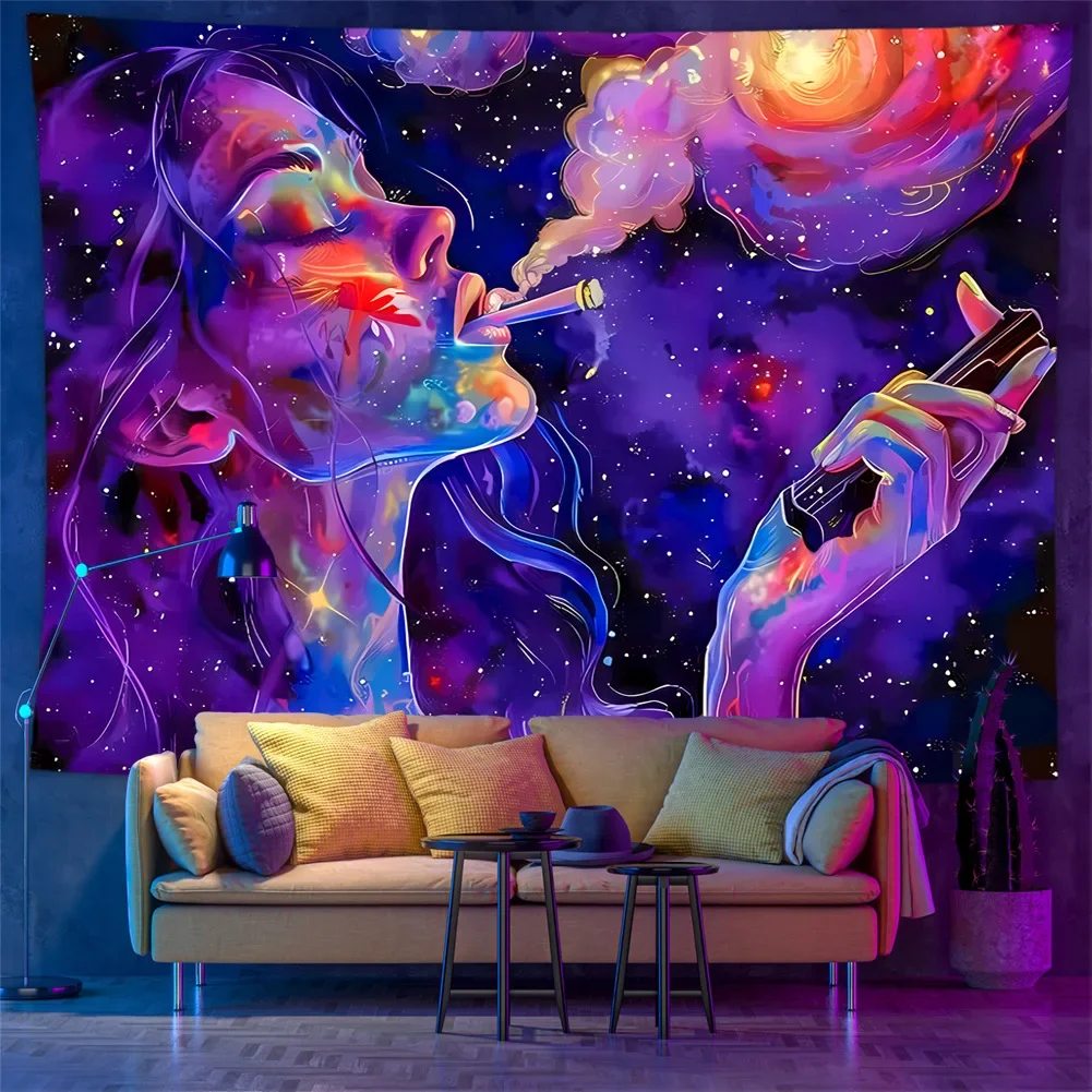 VIKAMA Blacklight Trippy Smoking Woman Tapestry UV Reactive Neon Wall Hanging Psychedelic Room Decor