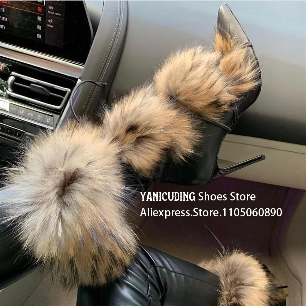 

Ботильоны с черным лисьим мехом, роскошные ботинки с острым носком, пикантные женские ботинки ручной работы из натуральной меховой искусственной кожи, настраиваемые