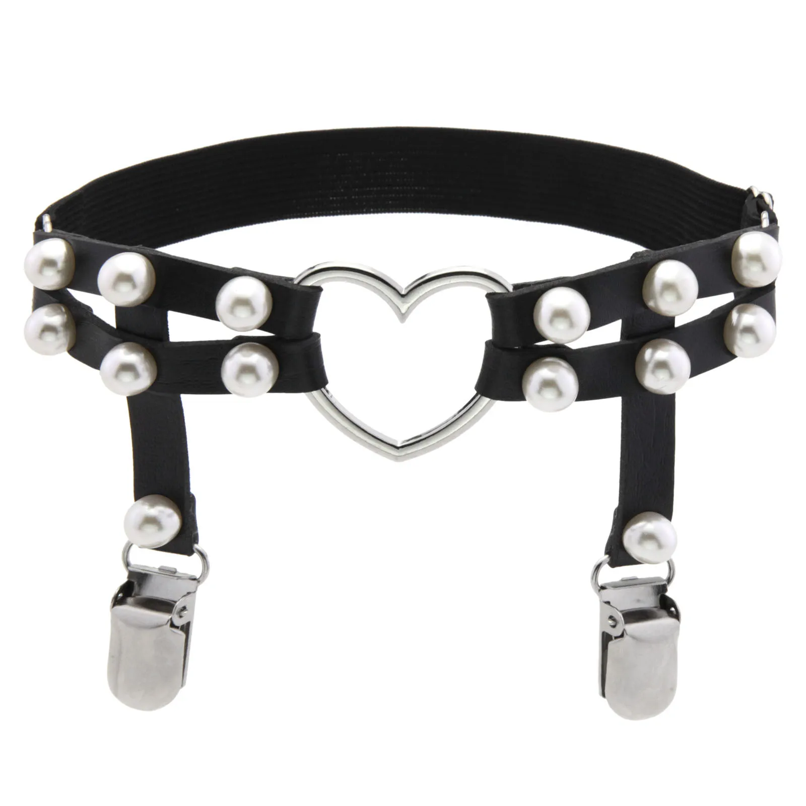 Two Rows Imitation Pearl Punk PU Leather Legchain Women Elastic Leg Chain Hip Hop Heart Leg Ankle Loop Garters Emo Egirl Jewelry