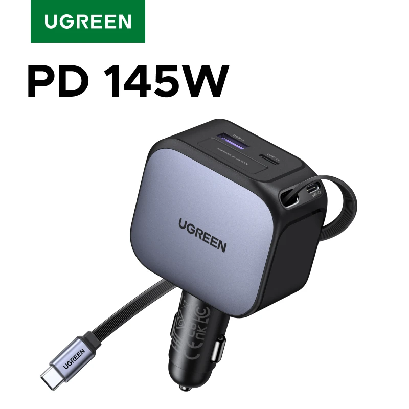 UGREEN 145W 90W 60W 차량용 충전기 3 USB-C & 1 USB-A 포트 PD QC4.0 고속 충전 리트랙터블 케이블 포함 아이폰 17 16 맥북용
