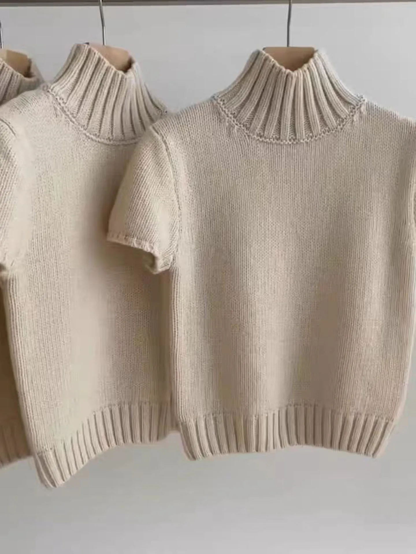 Korean Style High Neck Short Sleeve Knitted Sweater Women Early Autumn New Fashion Loose Casual Versatile Slimming Bodycon Top