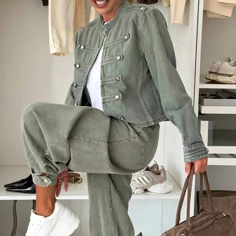 Casual Solid Color Long Sleeved Shopping Jacket Chic Double Breasted High Waist Coat Autumn Winter Fashion O-Neck Loose Outwear