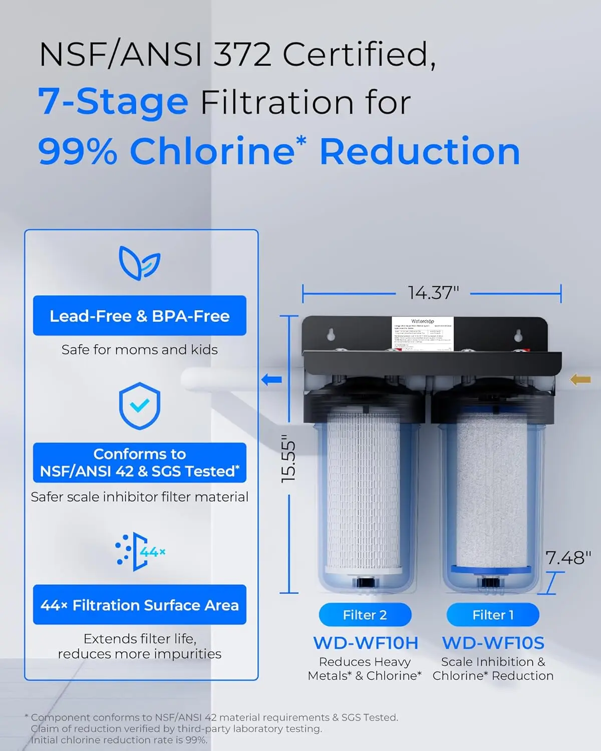Waterdrop 2 Stage Whole House Water Filter System, with Heavy Metal and Anti-Scale Sediment Filter, WD-WHF21-SH（Refurbished）