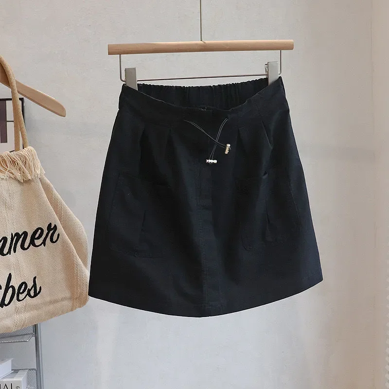

Plus Size Casual Drawstring Waist A-line Cargo Skirt Loose Pocket Mini Skort for Daily