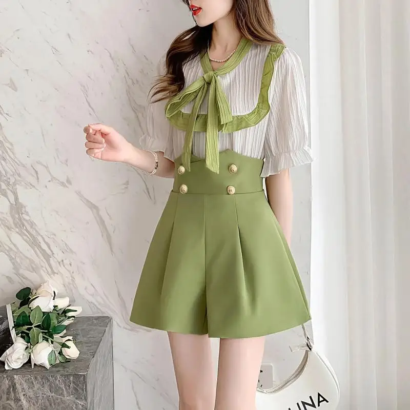 

Autumn And Winter Korean New Women's Fashion Slim Fit Bow V-neck Pullover Top High Waist Comfortable Sports Shorts Set