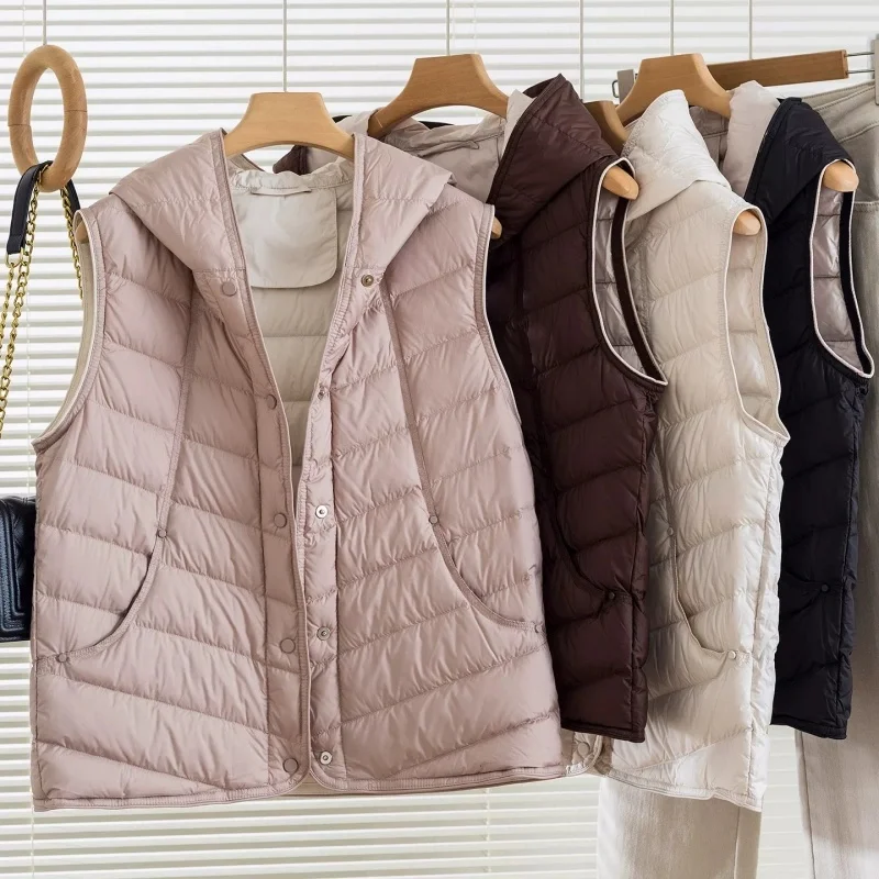 Autumn Winter Light Thin White Duck Down Vest Women Warm Hooded Down Waistcoat Jacket Ladies Sleeveless Short Tank Coat Parkas