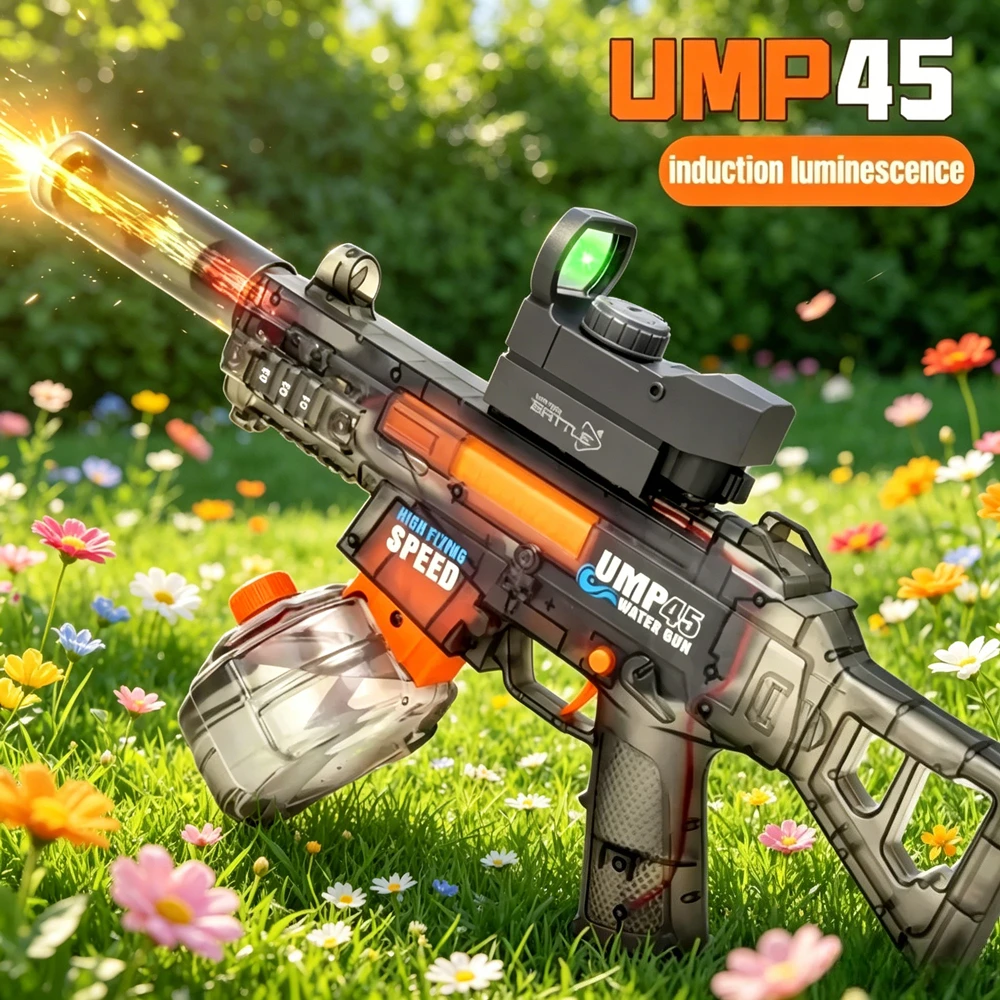 UMP45 Fully Automatic Electric Water Gun with Cool Light Large Capacity Kids Outdoor Beach Pool Shooting Toy Birthday Gift