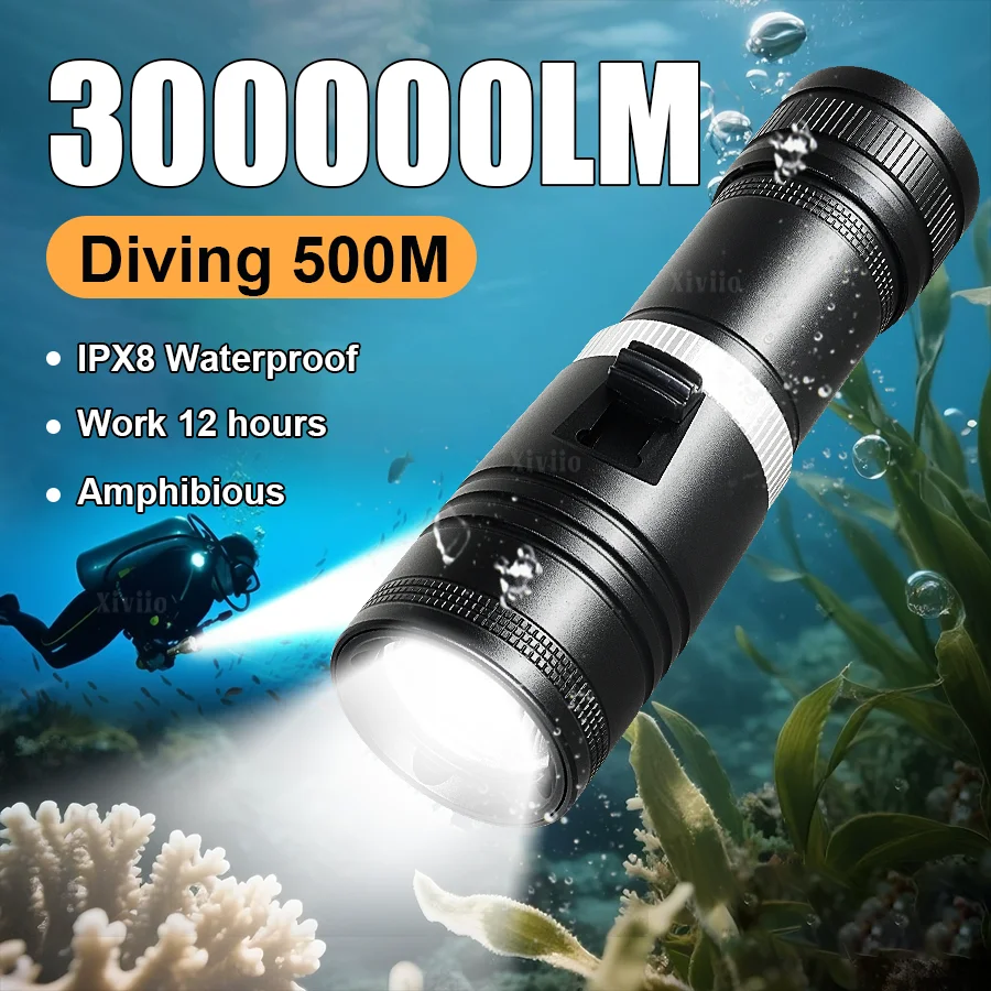 

300000LM Сильный свет Профессиональный фонарик для дайвинга Супер яркие светодиодные фонари для дайвинга IPX8 Высший водонепроницаемый фонарик с ремешком на запястье