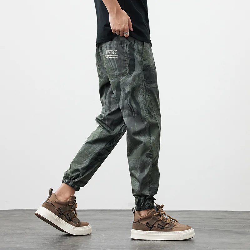 2024 Fashion Camouflage Ice Silk Pants Men's Summer Thin Breathable Sports Slim Fit Ankle-Tied Quick-Drying Casual Cropped Pants