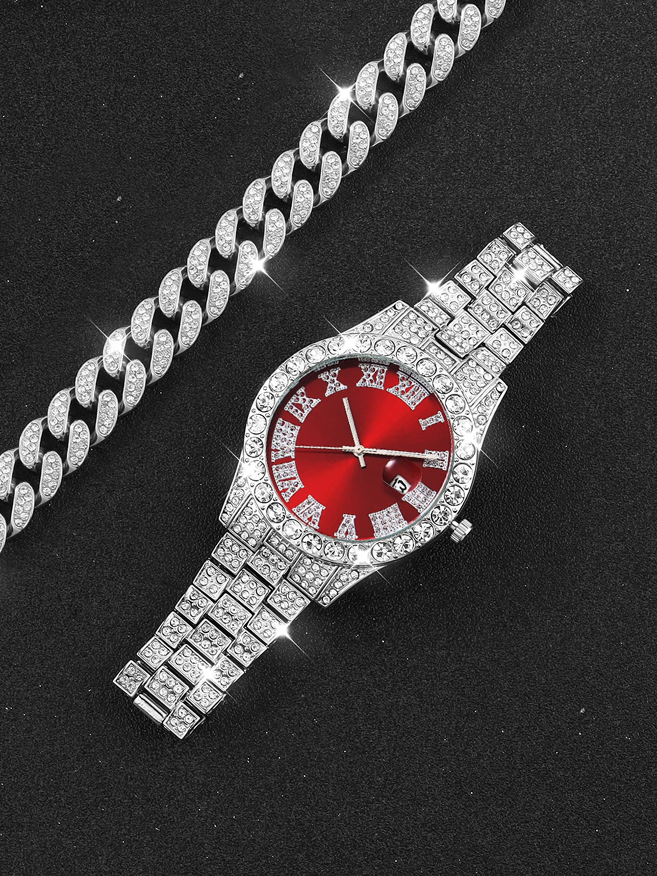 ساعة كوارتز رجالية مع سوار هيب هوب كلاسيكي وقلادة ووظيفة التقويم وملابس الحفلات وصندوق متوافق غير متضمن #5