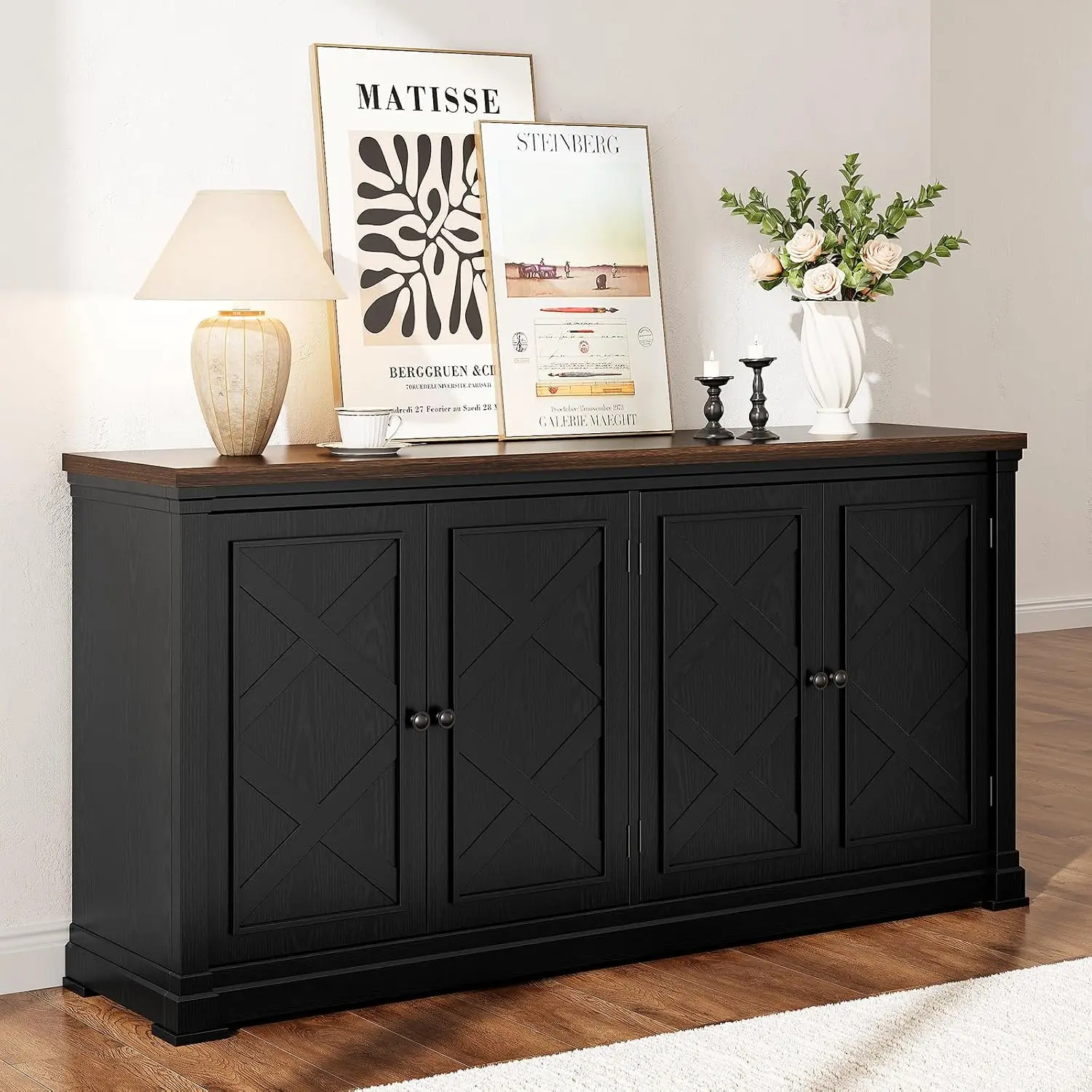 63 Inch Buffet Cabinet with Storage & 4 Barn Doors, Black, Customized
