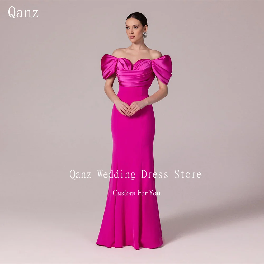 

Qanz Saudi Arabia Prom Dresses Mermaid Satin Cap Sleeves Formal Evening Dress Fuchsia Backless Vestidos De Festa Customized