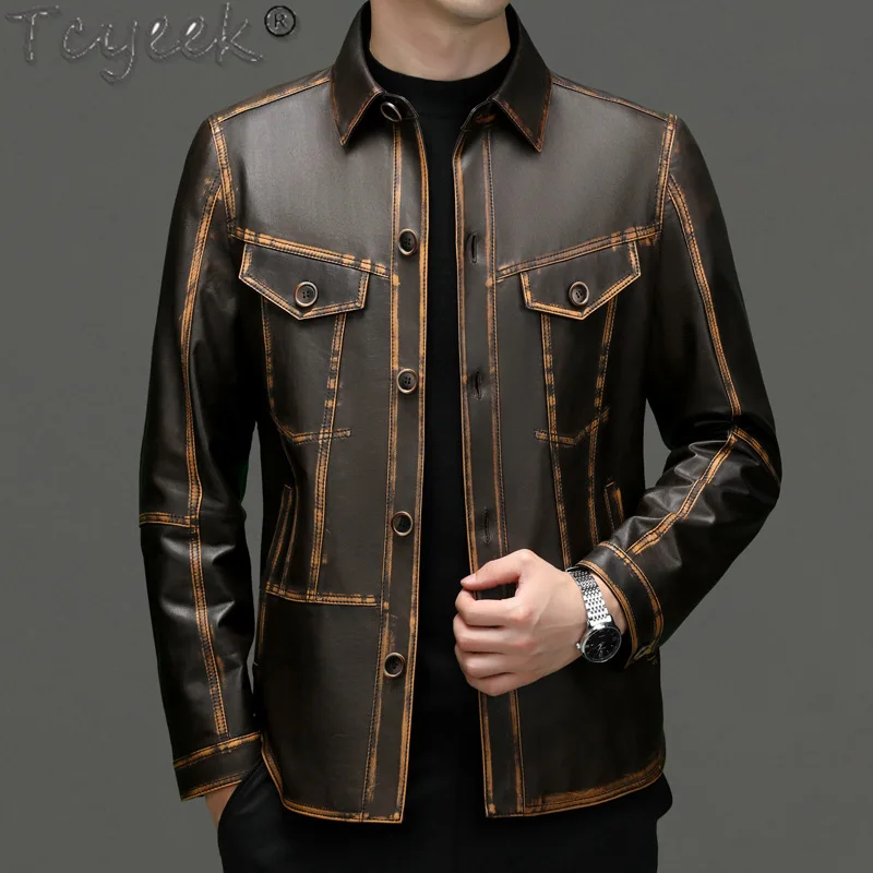 Tcyeek Real Leather Jacket Men 2025 Business Casual Cowhide Coats Spring Autumn Clothes Male Leather Coat Tide Casaco Masculino