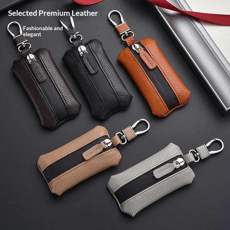 Men's Zippered Leather Key Case for Cars Stylish and Practical Gift Choice