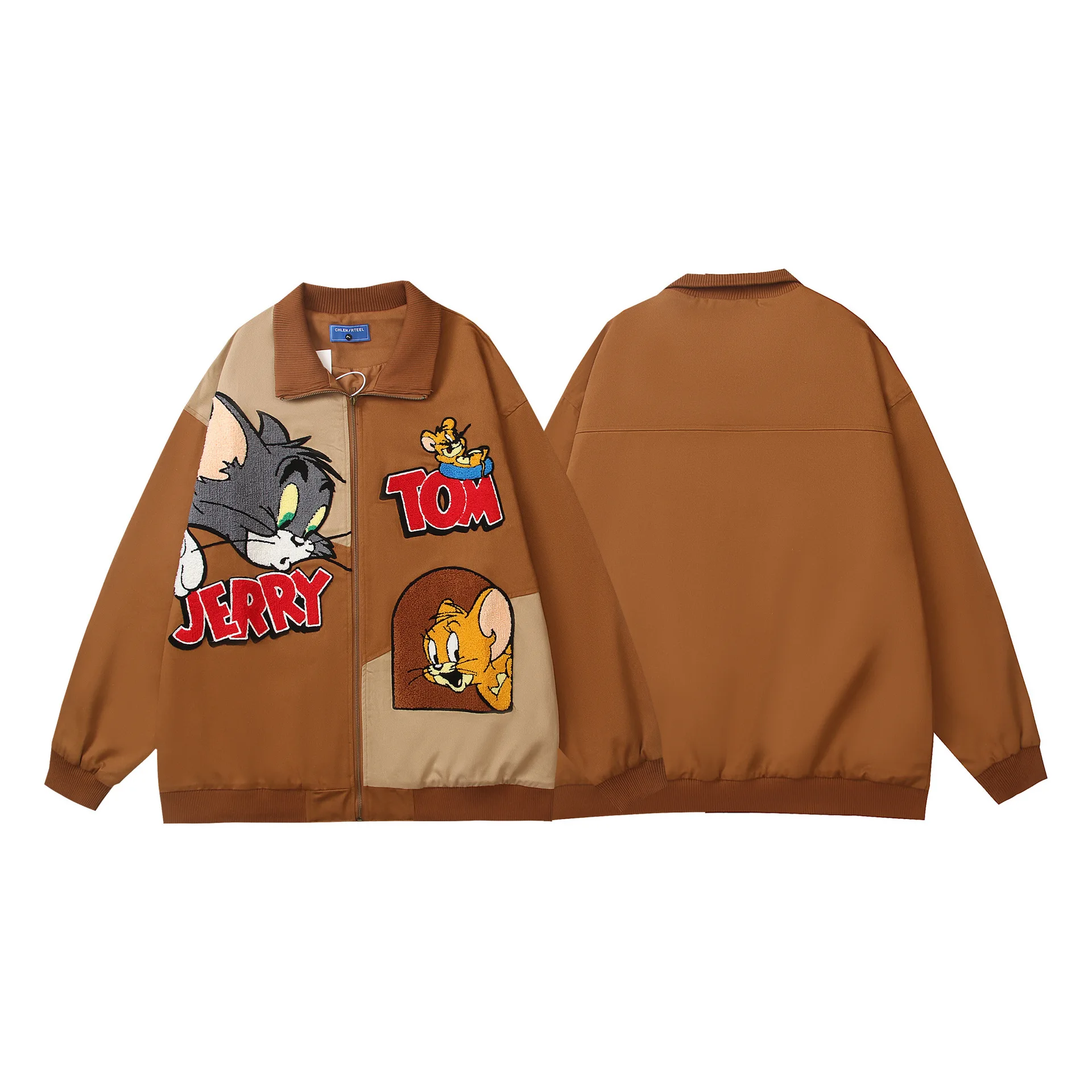 Amerykańska kurtka w stylu retro z haftem, kolorowymi blokami i klapami, unisex, luźny krój BF, casual