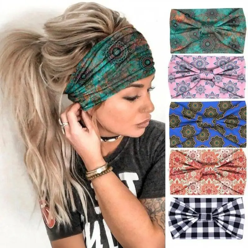 1 Stück elastische, rutschfeste Haarbänder, Boho-Stirnbänder mit Blumenmuster, breite, verdrehte, geknotete Haarbänder für Damen, Vintage-Yoga-Kopftücher, Turbane. – Detail 8