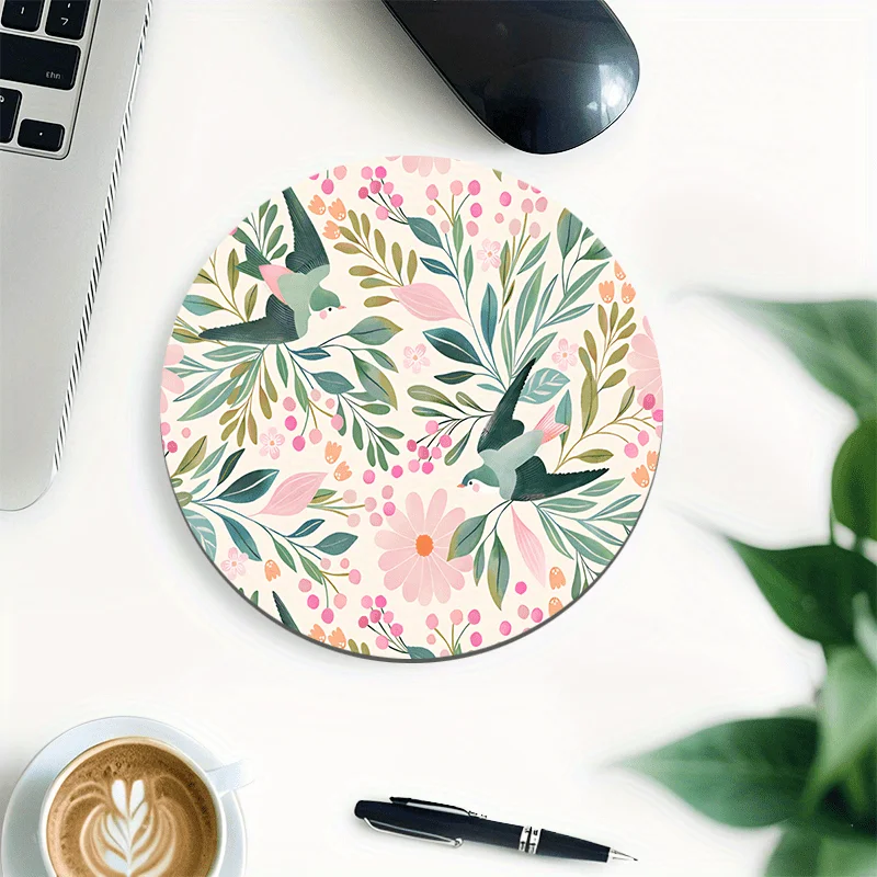 

Floral Pastel Pink Mouse Pad Green Foliage Birds Non-Slip Rubber Round Desk Mat Home Soft Pastel Aesthetic Computer Accessory