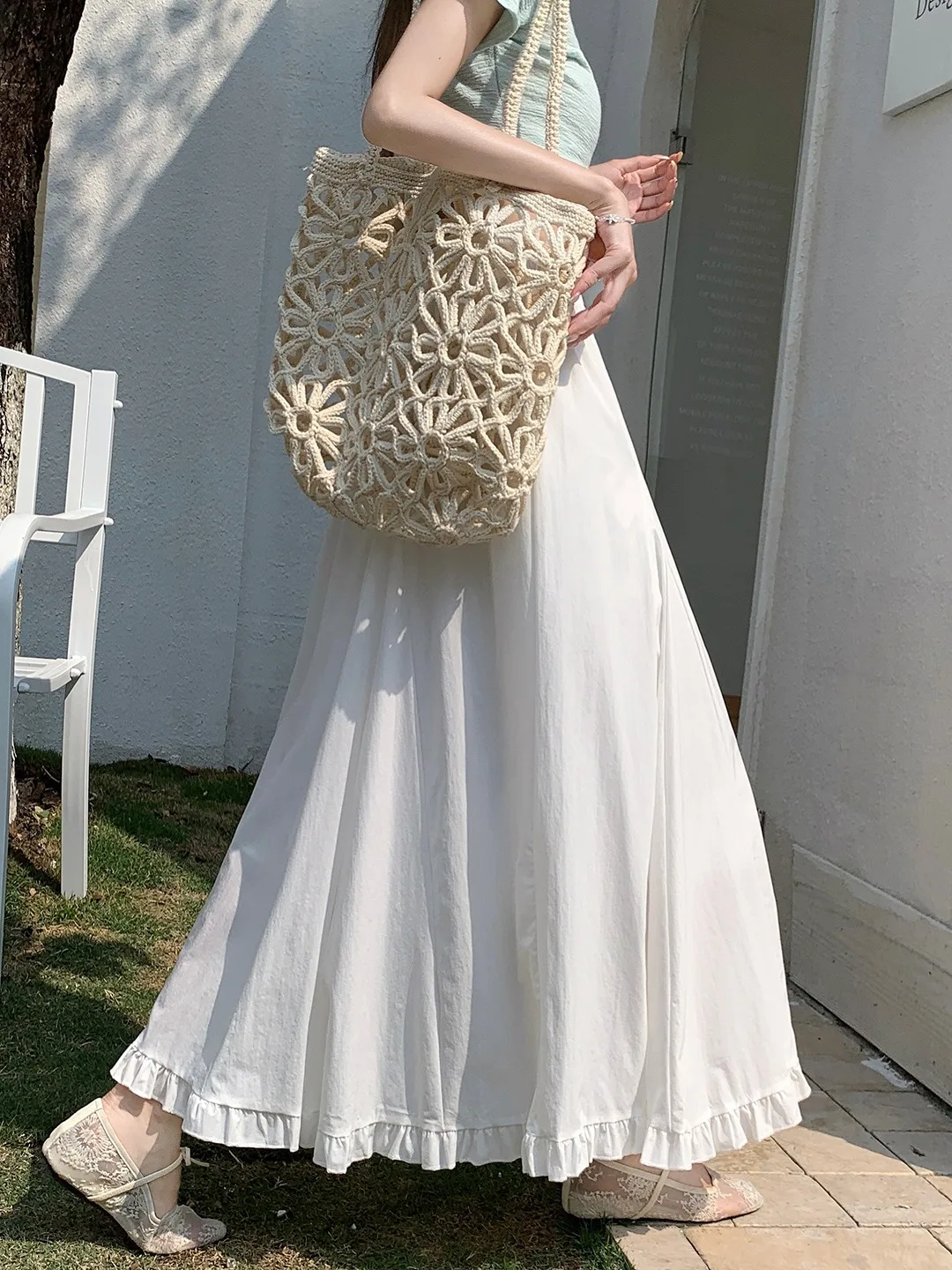 

Корейская летняя женская юбка-полусолнце с деревянными оборками, белая, струящаяся, А-силуэт, с высокой талией, удобная