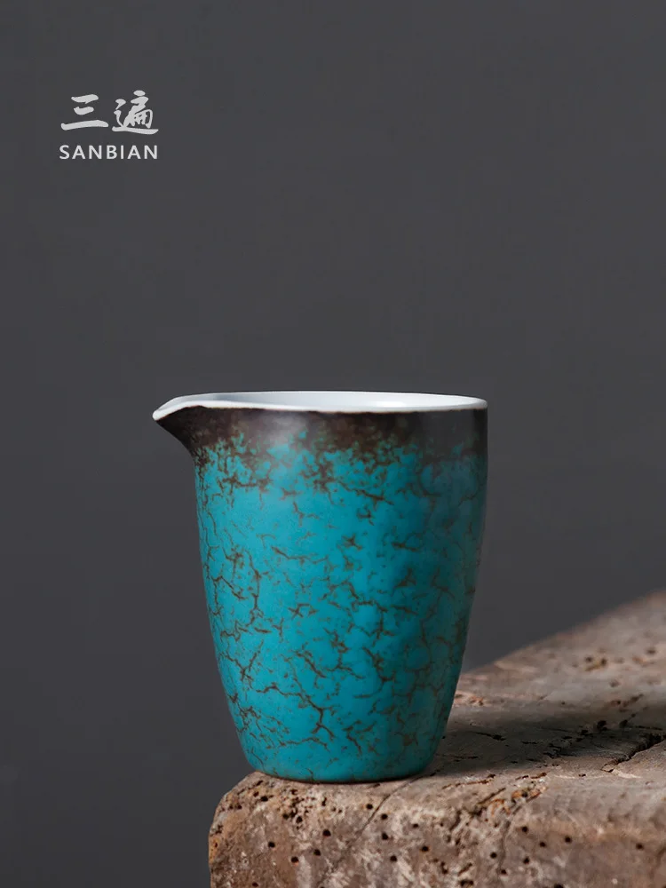 Three Layers Of Pure Handmade Rough Pottery Fair Cup Kung Fu Tea Sea Japanese Divider Green Pine Glaze Public Set