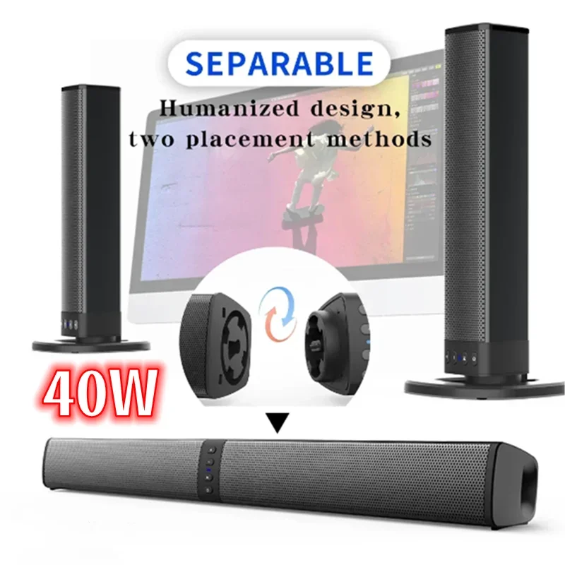 40W TV Soundbar Wireless Speakers Separated Column Home Theater Subwoofer with Fm Radio TF AUX for Computer TV Boom Box