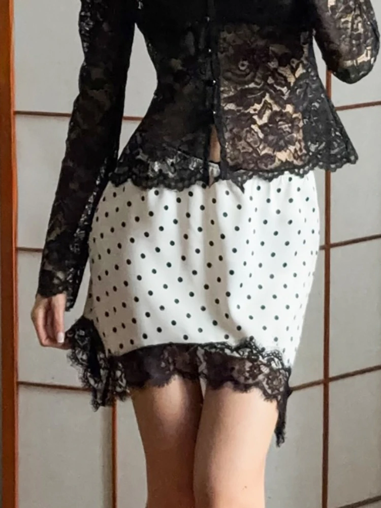 Tsiisd Fashion Lace Printing Dot Dot Mini Skirt Women Commute Slim Sexy Patchwork Contrast High Waist 2026 Y2k Skirt Mini Skirt