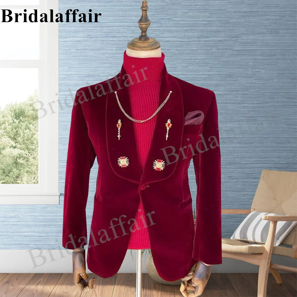 

Bridalaffair Simple And Comfortable Suit In Burgundy Velvet Slim Fit Mens Prom Suits Shawl Lapel Wedding Suits For Male Tuxedos