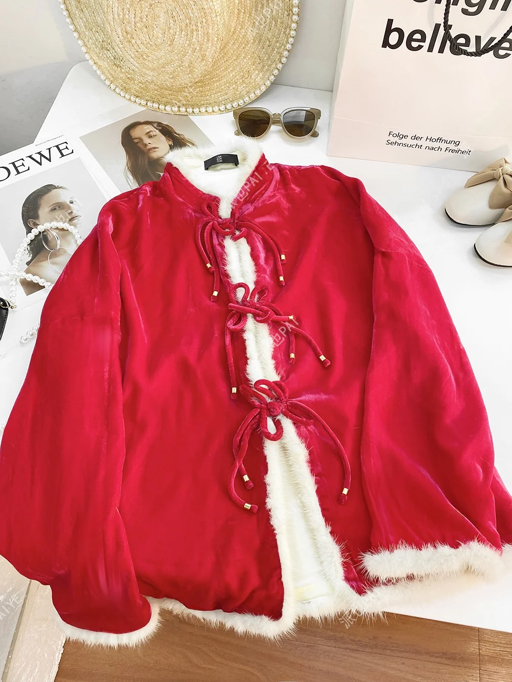 

Куртка из красного бархата с отделкой из норки, женская утепленная новогодняя китайская куртка в национальном стиле, на пуговицах, короткая верхняя одежда A2025
